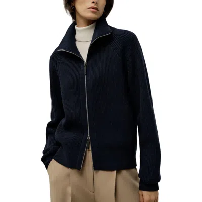 Lilysilk Ribbed-knit Turtleneck Zip Cardigan In Blue