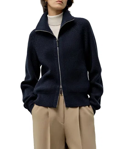 Lilysilk Ribbed-knit Turtleneck Zip Cardigan In Blue