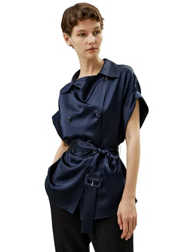 Lilysilk Roll-up Short Sleeves Top With Waist Belt For Women In Blue