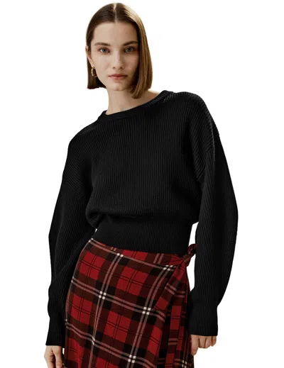 Lilysilk Round Neck Drop-shoulder Merino Wool Sweater For Women In Black