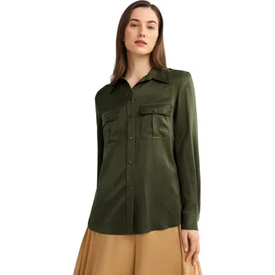 Lilysilk Sandwashed Silk Shirt With Epaulettes In Safari Green