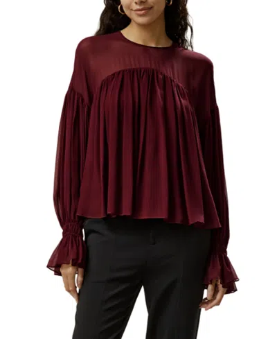 Lilysilk Sheer-shoulder Ruffle Shirt In Burgundy