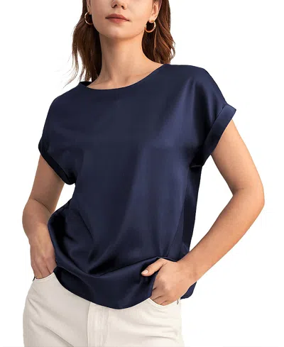Lilysilk Short Sleeves Round Neck Silk Tee In Navy Blue