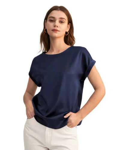 Lilysilk Short Sleeves Round Neck Silk Tee In Navy Blue