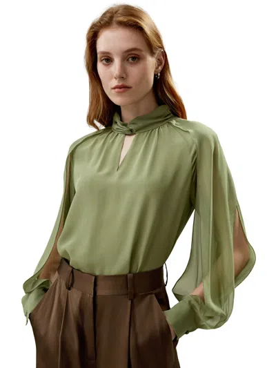Lilysilk Side Slit Lantern Sleeve Silk Blouse For Women In Green