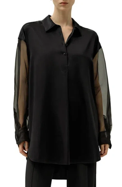 Lilysilk Silk Blouse With Organza Sleeves In Black