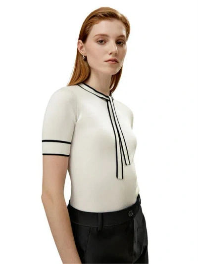 Lilysilk Silk Knit Top With Ribbons In White With Black Stripes