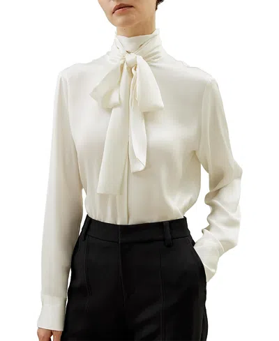 Lilysilk Silk Turtleneck Ribbon Blouse In Natural White