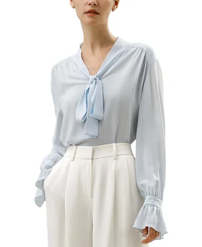 Lilysilk Silk V-neck Ribbon Blouse In Illusion Blue