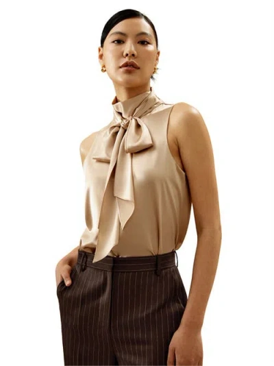 Lilysilk Sleeveless Tie-neck Silk Blouse In Light Camel
