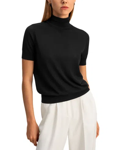Lilysilk High Neck Short Sleeves Silk Knitted Sweater In Black