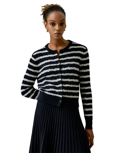 Lilysilk Striped Cable-knit Cashmere Cardigan In Blue And White Stripes