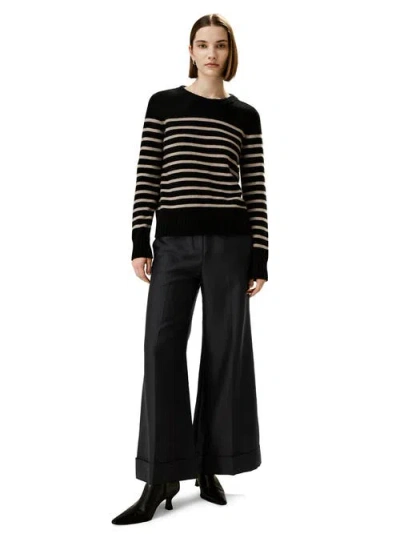 Lilysilk Striped Round Collar Cashmere Sweater In Black