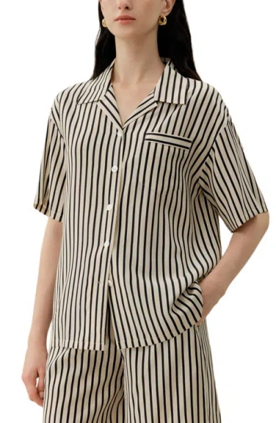 Lilysilk Striped Silk Cuban Collar Shirt In Black