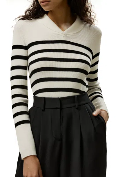 Lilysilk Striped Ultra-fine Merino Wool Sweater In White With Black Stripes