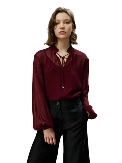 Lilysilk Tie Front Drawstring Georgette Blouse In Oxblood