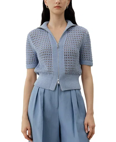Lilysilk Toscana Pointelle Knit Double-zip Cardigan In Blue