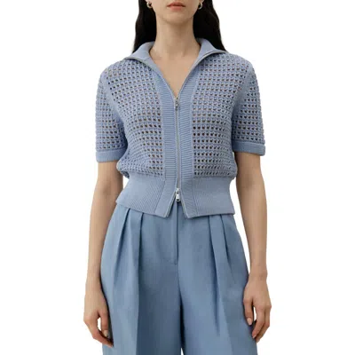 Lilysilk Toscana Pointelle Knit Double-zip Cardigan In Blue
