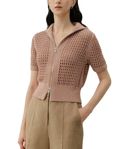 Lilysilk Toscana Pointelle Knit Double-zip Cardigan In Brown