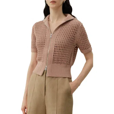 Lilysilk Toscana Pointelle Knit Double-zip Cardigan In Brown