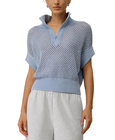 Lilysilk Toscana Pointelle Knit Half-zip Sweater In Blue