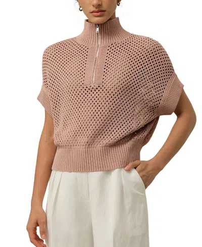 Lilysilk Toscana Pointelle Knit Half-zip Sweater In Brown