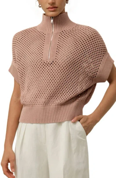 Lilysilk Toscana Pointelle Knit Half-zip Sweater In Brown