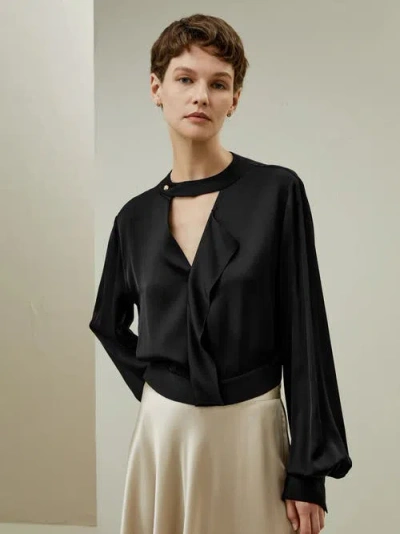 Lilysilk V Neck Collared Silk Shirt In Black
