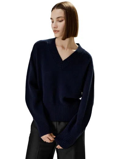 Lilysilk V-neck Relaxed Fit Wool Cashmere Blend Sweater For Women In Blue
