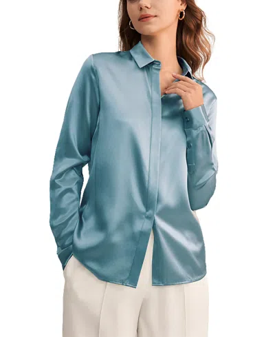 Lilysilk Basic Concealed Placket Silk Shirt In Blue Haze