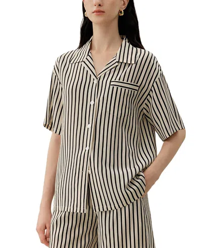 Lilysilk Striped Silk Cuban Collar Shirt In Black