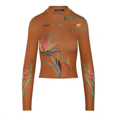 Limar Women's Brown / Green Floral High Neck Printed Top In Camel Brown In Orange