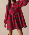 Lime Lush Joy Bow Short Christmas Dress In Red Plaid