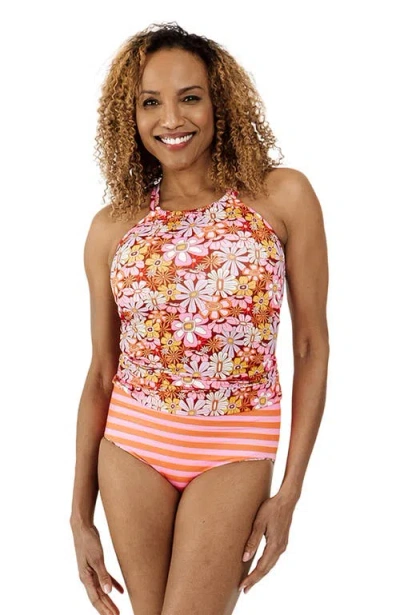 Lime Ricki Swimwear Double-cinch Tankini Top In Groovy Blooms