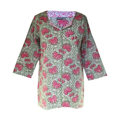 Lime Tree Design Women's Block Printed Tunic Top Green Pink Floral In Green/pink