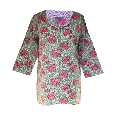 Lime Tree Design Women's Block Printed Tunic Top Green Pink Floral