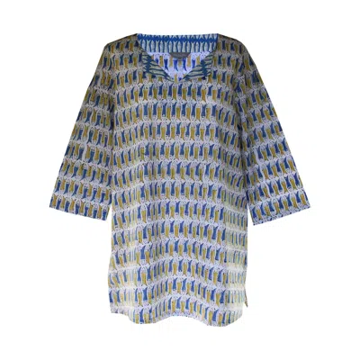 Lime Tree Design Women's Blue And Mustard Fish Block Print Tunic Top