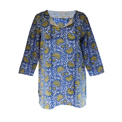 Lime Tree Design Women's Blue Yellow Floral Block Print Tunic Top