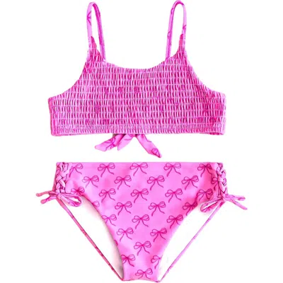 Limeapple Kids'  Bow Printed Smocked Bikini Swimsuit In Pink