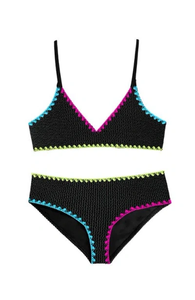 Limeapple Kids'  Crinkle Triangle Bikini Swimsuit With Embroidered Trim In Black
