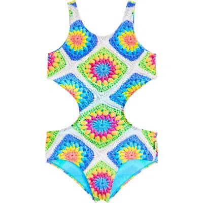 Limeapple Kids'  Crochet Printed Cutout One Piece Swimsuit In Blue