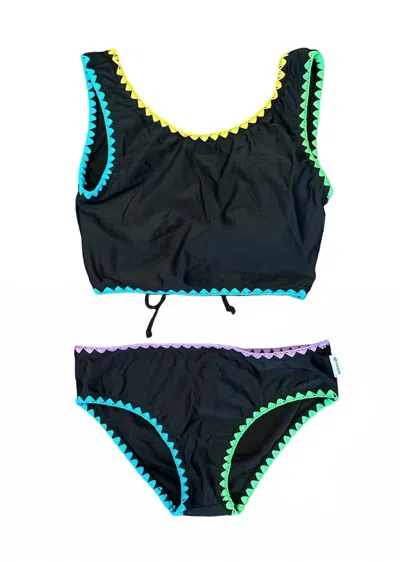 Limeapple Kids' Girl's Two Piece Swimsuit With Embroidered Trim In Black