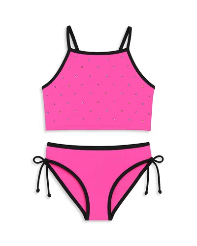 Limeapple Girls' Rhinestone Cropped Tankini Two Piece Swimsuit - Big Kid In Pink