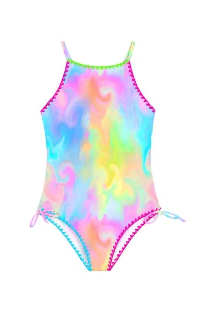 Limeapple Kids'  Marble Printed One Piece Swimsuit With Embroidered Trim In Multi