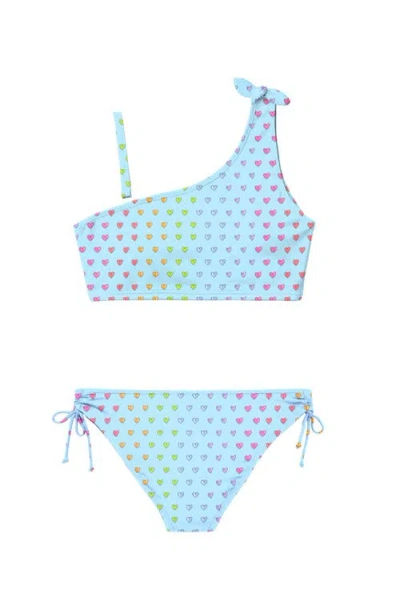 Limeapple Kids'  Multicolor Heart Printed One Shoulder Bikini Swimsuit In Blue