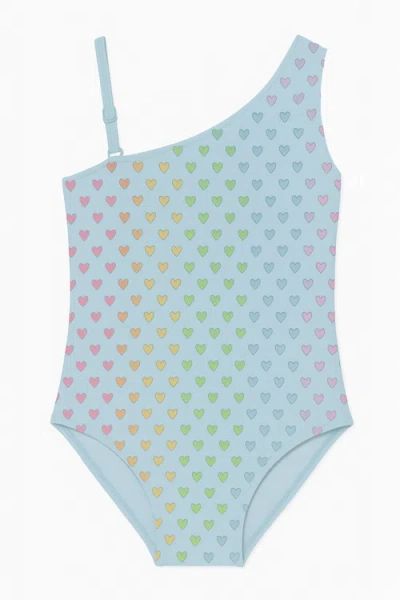 Limeapple Kids'  One Shoulder One Piece Multicolor Heart Printed Swimsuit In Blue