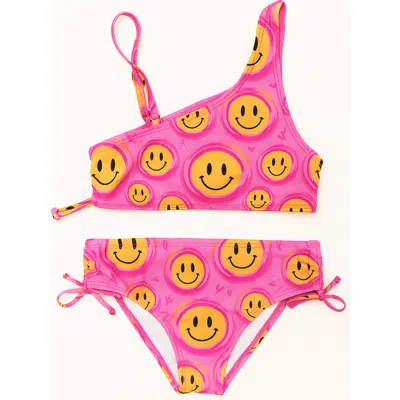 Limeapple Kids'  Smiley Face Printed One Shoulder Bikini Swimsuit In Pink