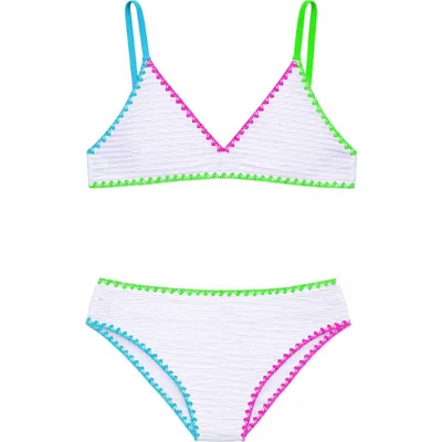 Limeapple Kids'  White Textured Bikini With Embroidered Trim Swimsuit