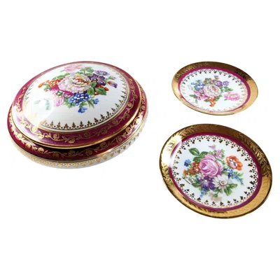 Pre-owned Limoges Vintage  Jmmet Seignolles Plates & Box Souvenir De Son Vogage A Lourdes In Gold