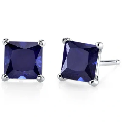 Pre-owned Limor 14k White Gold Princess Cut Blue Sapphire Gemstone Stud Earrings